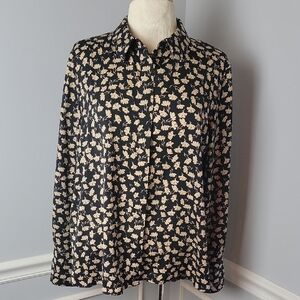 MANGO Black Tan‎ Botanical Floral Print Career Office Boho Button Up Blouse Top